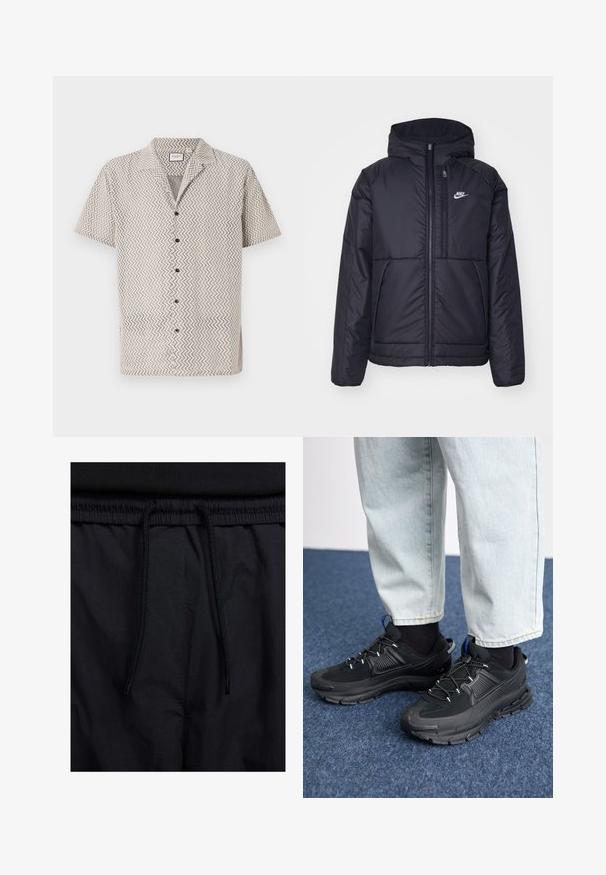 Jachetă Nike neagră, căptușită, cu fermoar pe față și glugă. Prezintă un logo alb pe pieptul stâng și două buzunare frontale. Textură exterioară netedă.; Cămașă cu mânecă scurtă, de culoare bej, cu un model în zigzag; are o guleraș, cinci nasturi negri și o croială lejeră. Material texturat.; Șorturi negre cu un brâu reglabil, dintr-un material ușor cu o textură netedă și un design simplu, fără logo-uri sau modele vizibile.; Pantofi sport negri, cu țesătură texturată și tălpi din cauciuc, având șireturi elastice și un accent albastru pe toc. Purtați cu pantaloni din denim deschis.