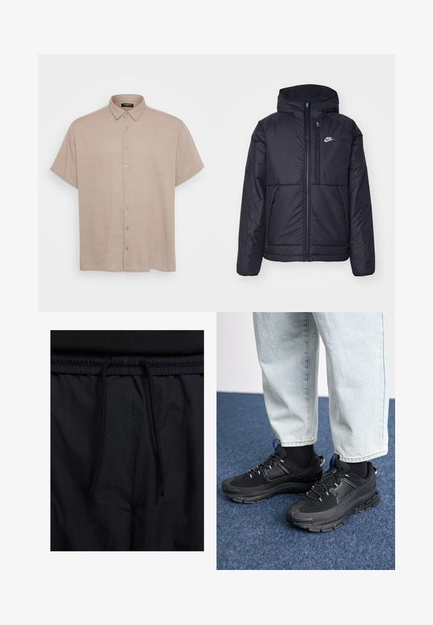 Černá zateplená bunda Nike s předním zipem a kapucí. Na levé straně hrudi má bílé logo a dvojité přední kapsy. Hladký povrch.; Košile s krátkým rukávem v světle béžové barvě, s límečkem a předními knoflíky. Tkanina se zdá být hladká a mírně strukturovaná.; Černé šortky s páskem na šňůrku, lehký materiál s hladkou texturou a jednoduchý design bez viditelných log nebo vzorů.; Černé sportovní boty s texturovanou tkaninou a gumovou podrážkou, s elastickými tkaničkami a modrým akcentem na patě. Nosí se s světlými džíny.
