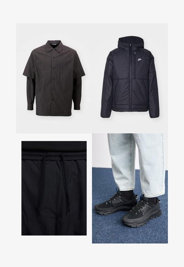 Black, padded Nike jacket with a front zipper and hood. Features a white logo on the left chest and dual front pockets. Smooth exterior texture.; Han Kjøbenhavn TWO LAYERED - Shirt - dark grey; Black shorts featuring a drawstring waistband, lightweight fabric with a smooth texture, and a simple design without visible logos or patterns.; Black athletic shoes with textured fabric and rubber soles, featuring elastic laces and a blue accent on the heel. Worn with light denim pants.