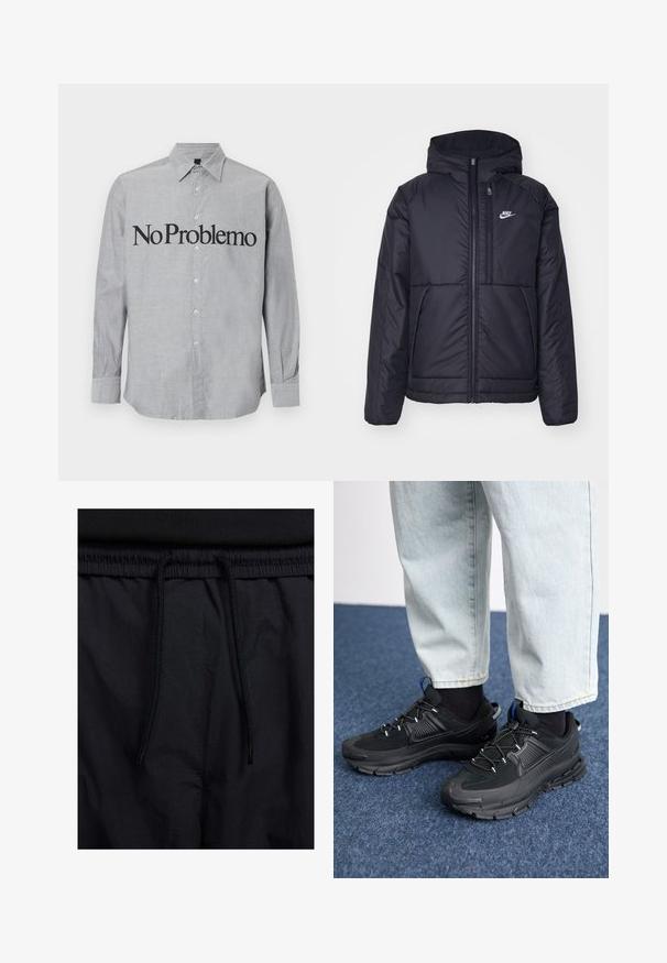 Must musta Nike jope, millel on ees lukuga avamine ja kapuuts. Vasakpoolne rind on kaunistatud valge logoga ning ees on kaks taskut. Sile välimine tekstuur.; Hallid hall särk, millel on krae, pikad varrukad ja ees suurte mustade tähtedega kiri "No Problemo". Sile ja kergest kangast.; Mustad lühikesed püksid, millel on paelaga vöökoht, kerge kangas, mis on sileda tekstuuriga ning lihtne disain ilma nähtavate logode või mustriteta.; Mustad mustad jooksukingad, millel on tekstureeritud kangas ja kummist tallad, elastsed nöörid ning sinine aksent kandadel. Kandmine heledate teksadega.