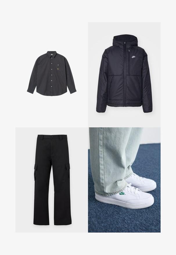 Schwarze, gepolsterte Nike-Jacke mit Frontreißverschluss und Kapuze. Hat ein weißes Logo auf der linken Brust und zwei Fronttaschen. Glattes äußeres Material.; Marineblaue Langarmbluse mit dünnen vertikalen Streifen in Hellblau und Orange, einem knöpfbaren Kragen, einer einzelnen Brusttasche und gesticktem Logo.; Schwarze Cargo-Hosen mit geradem Bein Design. Hergestellt aus strapazierfähigem Stoff, mit zwei Seitentaschen mit Klappen und einem Knopfverschluss.; Weiße Leder-Sneaker mit grünem Nike-Logo, runde Zehenpartie, flache Sohle, kombiniert mit hellblauen Jeans, präsentiert auf einem blauen Teppich.