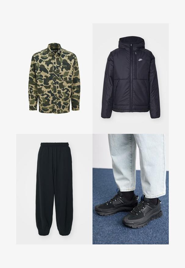 Crna Nike jakna s podstavom, dugmadi sprijeda i kapuljačom. Ima bijeli logotip na lijevoj strani prsnog koša i dva prednja džepa. Glatka vanjska tekstura.; Camo majica s bež osnovom, zelenim i tamnozelenim apstraktnim oblicima, dugim rukavima, kopčanjem sprijeda na dugmad i džepom na prsima.; Crne, dukserice s elastičnim strukom, širokog kroja, s manžetama na gležnjevima, glatke teksture i bez vidljivih uzoraka ili metalnih detalja.; Crne atletske cipele s teksturiranom tkaninom i gumene potplate, s elastičnim vezicama i plavim akcentom na peti. Nosene su s svijetlim trapericama.