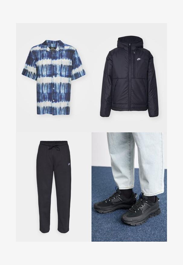 Juodas, paminkštintas Nike džemperis su priekyje užtrauktuku ir gobtuvu. Pasižymi balta logo kairėje krūtinės pusėje ir dviem priekinėmis kišenėmis. Su lygiu išoriniu paviršiumi.; Trumpas rankovės marškinėliai, puošti mėlynos ir baltos spalvų raštais, pagaminti iš sklandžios tekstūros audinio, su vienu krūtiniu kišeniu.; Juodos sportinės kelnės, pagamintos iš minkštos medžiagos, su elastinga juostele, raišteliu ir mažuoju Nike logotipu kairiajame šlaunyje.; Juodi sportiniai bateliai su tekstūruota medžiaga ir guminiais padais, su elastingomis raišteliais ir mėlynu akcentu ant kulno. Dėvimi su šviesiai mėlynomis džinsinėmis kelnėmis.