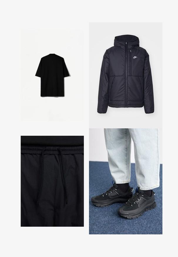 Fekete, párnázott Nike dzseki elülső cipzárral és kapucnival. A bal mellen fehér logó található, valamint két elülső zseb. Simának tűnő külső felület.; Fekete, rövid ujjú póló, laza fazonnal, textúrált anyagból és gallérral. A háta varrásmentes kialakítással rendelkezik, nem látható varrásokkal.; Fekete rövidnadrág, húzózsinórral ellátott derékrésszel, könnyű anyagból, sima felszínen, egyszerű dizájnnal, látható logók vagy minták nélkül.; Fekete sportcipők texturált anyaggal és gumitalppal, elasztikus fűzőkkel és kék kiegészítővel a saroknál. Világos farmernadrággal viselve.