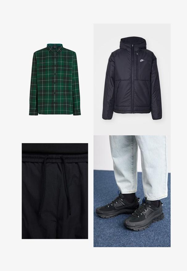 Black, padded Nike jacket with a front zipper and hood. Features a white logo on the left chest and dual front pockets. Smooth exterior texture.; Green plaid button-up shirt featuring a checkered pattern, front pockets, and a collar. Made of fabric with a soft texture.; Black shorts featuring a drawstring waistband, lightweight fabric with a smooth texture, and a simple design without visible logos or patterns.; Black athletic shoes with textured fabric and rubber soles, featuring elastic laces and a blue accent on the heel. Worn with light denim pants.