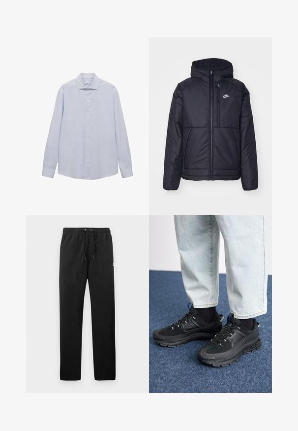 Črna, podložena Nike jakna z sprednjim zadrgo in kapuco. Ima bel logo na levem prsnem delu in dvojna sprednja žepa. Gladka zunanja tekstura.; Svetlo modra srajca z dolgimi rokavi in gumbi, z tankimi vertikalnimi belimi črtami, mehka tkanina, klasičen ovratnik in gumbasta zapiranje spredaj.; Črne trenirke iz flisa, z elastičnim pasom in vrvico, dvema sprednjima žepoma ter majhnim logotipom na stegnu.; Črne športne čevlje z teksturirano tkanino in gumijastimi podplati, ki imajo elastične vezalke ter modre poudarke na peti. Nosi se z lahkimi denim hlačami.