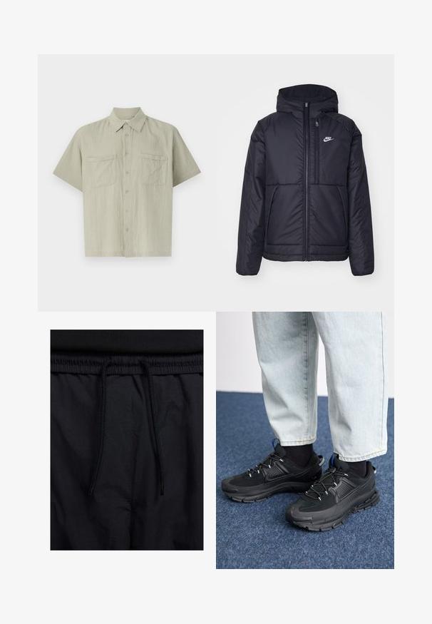 Fekete, párnázott Nike dzseki elülső cipzárral és kapucnival. A bal mellen fehér logó található, valamint két elülső zseb. Simának tűnő külső felület.; Világosszürke, rövid ujjú ing, texturált anyagból készült. Gombos elülső része és két mellzsebe van. Klasszikus galléros dizájn.; Fekete rövidnadrág, húzózsinórral ellátott derékrésszel, könnyű anyagból, sima felszínen, egyszerű dizájnnal, látható logók vagy minták nélkül.; Fekete sportcipők texturált anyaggal és gumitalppal, elasztikus fűzőkkel és kék kiegészítővel a saroknál. Világos farmernadrággal viselve.