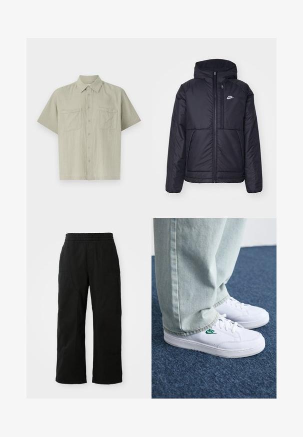 Czarna, pikowana kurtka Nike z przednim zamkiem błyskawicznym i kapturem. Posiada białe logo po lewej stronie klatki piersiowej oraz podwójne kieszenie z przodu. Gładka struktura zewnętrzna.; Jasnoszara, krótko rękawowa koszula wykonana z teksturowanej tkaniny. Posiada zapięcie na guziki z przodu oraz dwie kieszenie na piersi. Klasyczny design kołnierzyka.; Czarne bawełniane spodnie z elastycznym pasem, szeroką nogawką i dużymi bocznymi kieszeniami. Tkanina wydaje się miękka o gładkiej fakturze.; Białe skórzane sneakersy z zielonym logo Nike, okrągły czubek, płaska podeszwa, zestawione z jasnoniebieskimi dżinsami, pokazane na niebieskim dywanie.