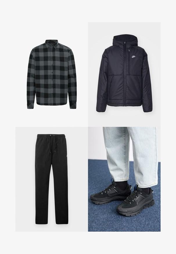 Must musta Nike jope, millel on ees lukuga avamine ja kapuuts. Vasakpoolne rind on kaunistatud valge logoga ning ees on kaks taskut. Sile välimine tekstuur.; Hallide ja musta ruudulise flanell-särgi pikad varrukad, nööbid all ja ees. Pehme tekstuur ja mugav lõige.; Mustad fliisist sportpüksid, millel on elastne vöö ja paelad, kaks esi-taskut ning väike logo reie peal.; Mustad mustad jooksukingad, millel on tekstureeritud kangas ja kummist tallad, elastsed nöörid ning sinine aksent kandadel. Kandmine heledate teksadega.