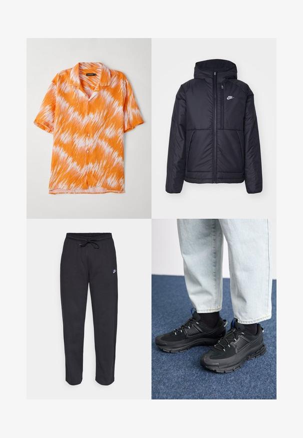 Svart, polstret Nike-jakke med frontglidelås og hette. Har en hvit logo på venstre bryst og doble frontlommer. Glatt ytterside.; Kortermet skjorte i oransje og hvit, med et sikksakkmønster, krage og knapper foran. Lett, teksturert stoff.; Sorte sweatpants laget av mykt stoff med elastisk midjebånd, snøring og en liten Nike-logo på venstre lår.; Svarte sportssko med teksturert stoff og gummisåler, med elastiske lisser og en blå detalj på hælen. Brukt med lyse denimbukser.