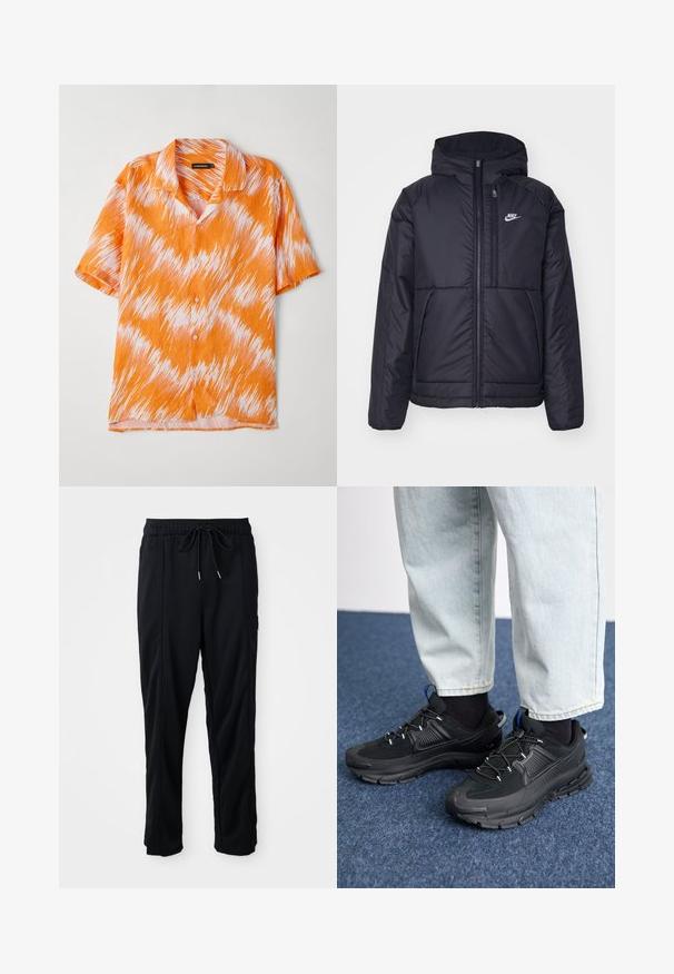 Czarna, pikowana kurtka Nike z przednim zamkiem błyskawicznym i kapturem. Posiada białe logo po lewej stronie klatki piersiowej oraz podwójne kieszenie z przodu. Gładka struktura zewnętrzna.; Koszulka z krótkim rękawem w kolorze pomarańczowym i białym, z wzorem w zygzaki, kołnierzykowym fasonem oraz zapinaniem na guziki. Lekka, teksturowana tkanina.; Czarne spodnie casualowe z gumką w pasie, z kieszeniami wszytymi po bokach i prostym krojem na jednolitym tle.; Czarne buty sportowe z teksturowanej tkaniny i gumowymi podeszwami, z elastycznymi sznurówkami i niebieskim akcentem na pięcie. Noszone z jasnymi dżinsami.