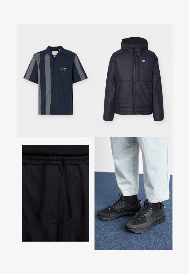 Svart, polstret Nike-jakke med frontglidelås og hette. Har en hvit logo på venstre bryst og doble frontlommer. Glatt ytterside.; Kortermet marineblå skjorte laget av bomull med hvite ruter og "Capri" -merke på brystet. Med knappe-lukking.; Sorte shorts med snor i livet, lett stoff med en jevn tekstur, og et enkelt design uten synlige logoer eller mønstre.; Svarte sportssko med teksturert stoff og gummisåler, med elastiske lisser og en blå detalj på hælen. Brukt med lyse denimbukser.