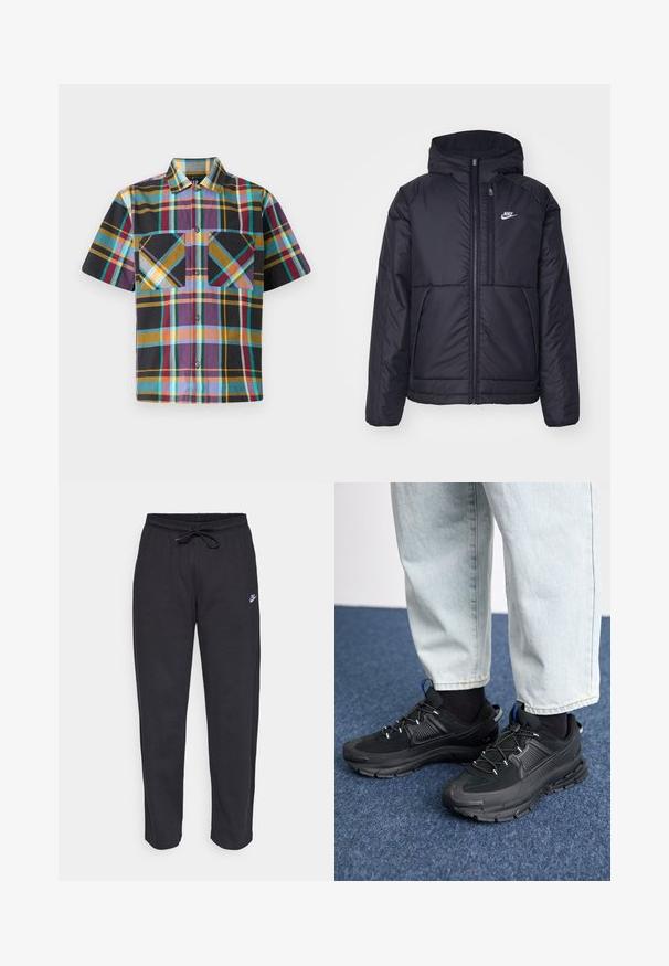 Musta, pehmustettu Nike-takki, jossa on etuvetoketju ja huppu. Vasemmassa rinnassa on valkoinen logo ja takissa on kaksinkertaiset etutaskut. Pintakoe on sileä.; Lyhythihainen ruudullinen paita, jossa on sekoitus värejä, kuten violetti, musta, keltainen ja teal, kahdella rintataskulla ja nappikiinnityksellä edessä.; Mustat verkkareita pehmeästä kankaasta, jossa on joustava vyötärö, nyöri ja pieni Nike-logo vasemmassa reidessä.; Mustat urheilukengät, joissa on teksturoitu kangas ja kumipohjat, elastiset nauhat ja sininen yksityiskohta kannassa. Yhdistetty vaaleisiin farkkuihin.