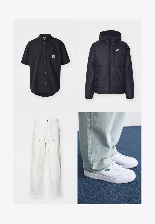 Must musta Nike jope, millel on ees lukuga avamine ja kapuuts. Vasakpoolne rind on kaunistatud valge logoga ning ees on kaks taskut. Sile välimine tekstuur.; Lühikeste varrukatega, nööbiga särgid, mis on valmistatud tekstuurses tumehallis kangas, millel on esiküljel rinnakott ruudukujulise logo plaastriga ja valged nööbid.; Valged puuvillased cargo püksid, millel on mugav lõige. Omadusteks on esikotid, kuldse riistvara aktsendid ja tugevdatud põlveosad.; Valged nahast tennisetossud rohelise Nike logo ja ümarate varvastega, lamedate taldadega, koos helesiniste teksapükstega, esitatud sinisel vaibal.