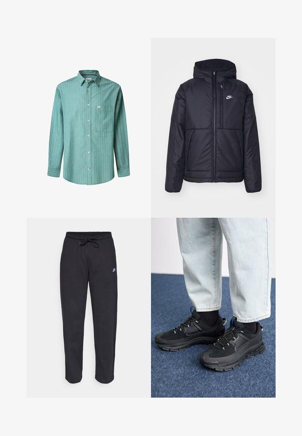 Schwarze, gepolsterte Nike-Jacke mit Frontreißverschluss und Kapuze. Hat ein weißes Logo auf der linken Brust und zwei Fronttaschen. Glattes äußeres Material.; Grün gestreiftes Langarmhemd mit hellblauen und weißen vertikalen Streifen, einer Brusttasche und einem kleinen Markenlogo.; Schwarze Sweatpants aus weichem Stoff mit elastischem Bund, Kordelzug und kleinem Nike-Logo auf dem linken Oberschenkel.; Schwarze Sportschuhe aus strukturiertem Stoff mit Gummisohlen, ausgestattet mit elastischen Schnürsenkeln und einem blauen Akzent an der Ferse. Getragen mit hellen Jeans.