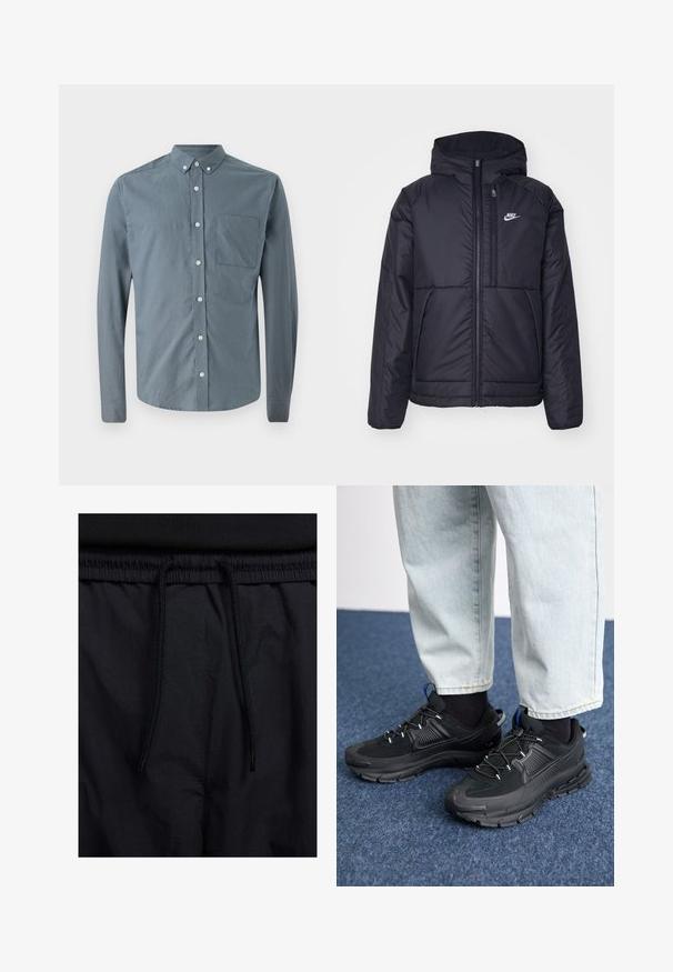 Fekete, párnázott Nike dzseki elülső cipzárral és kapucnival. A bal mellen fehér logó található, valamint két elülső zseb. Simának tűnő külső felület.; Gombos ing sötétszürke színben, hosszú ujjakkal, klasszikus gallérral, egyetlen mellzsebbel és fehér gombokkal, sima textúrájú anyagból.; Fekete rövidnadrág, húzózsinórral ellátott derékrésszel, könnyű anyagból, sima felszínen, egyszerű dizájnnal, látható logók vagy minták nélkül.; Fekete sportcipők texturált anyaggal és gumitalppal, elasztikus fűzőkkel és kék kiegészítővel a saroknál. Világos farmernadrággal viselve.