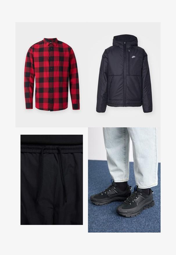 Chaqueta acolchada negra de Nike con cremallera frontal y capucha. Presenta un logo blanco en el lado izquierdo del pecho y dos bolsillos frontales. Textura exterior suave.; Camisa de franela a cuadros en rojo y negro con cierre de botones en la parte delantera, mangas largas y cuello. Presenta un clásico patrón de cuadro.; Pantalones cortos negros con cinturilla ajustable, tejido ligero con una textura suave y un diseño sencillo sin logotipos visibles ni patrones.; Zapatillas deportivas negras con tejido texturizado y suelas de goma, con cordones elásticos y un acento azul en el talón. Combinadas con pantalones de mezclilla claros.