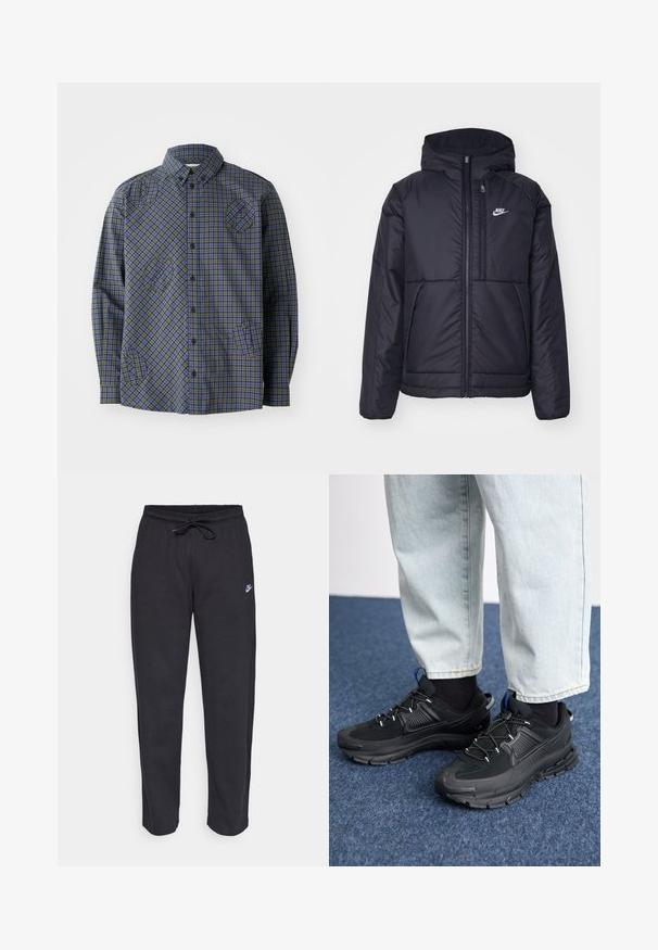 Veste Nike noire rembourrée avec une fermeture éclair sur le devant et une capuche. Elle présente un logo blanc sur la poitrine gauche et deux poches avant. Texture extérieure lisse.; Henrik Vibskov BLOCK - Chemise - checks; Pantalons de survêtement noirs en tissu doux, avec une taille élastique, un cordon de serrage et un petit logo Nike sur la cuisse gauche.; Des chaussures de sport noires avec un tissu texturé et des semelles en caoutchouc, dotées de lacets élastiques et d'un accent bleu au talon. Portées avec un pantalon en denim clair.