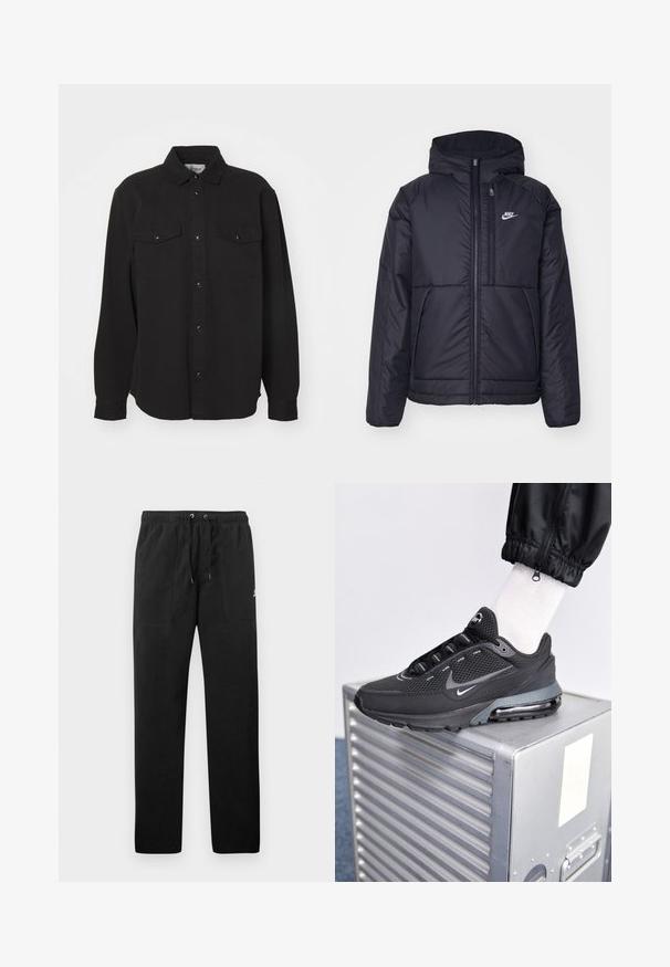 Chaqueta acolchada negra de Nike con cremallera frontal y capucha. Presenta un logo blanco en el lado izquierdo del pecho y dos bolsillos frontales. Textura exterior suave.; Camisa de manga larga negra, tela de algodón, cuello puntiagudo, cierre frontal con botones, dos bolsillos en el pecho con botones a presión, dobladillo recto, corte relajado.; Pantalones deportivos negros de felpa, con una cinturilla elástica con cordones, dos bolsillos delanteros y un pequeño logo en el muslo.; Nike Sportswear PULSE - Zapatillas - black/anthracite