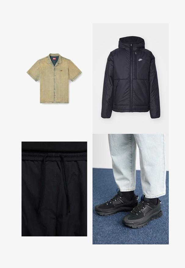 Fekete, párnázott Nike dzseki elülső cipzárral és kapucnival. A bal mellen fehér logó található, valamint két elülső zseb. Simának tűnő külső felület.; Rövidujjú világos bézs farmer ing, gombos elülső résszel, hegyes gallérral és diszkrét logó hímzéssel a mellrészen.; Fekete rövidnadrág, húzózsinórral ellátott derékrésszel, könnyű anyagból, sima felszínen, egyszerű dizájnnal, látható logók vagy minták nélkül.; Fekete sportcipők texturált anyaggal és gumitalppal, elasztikus fűzőkkel és kék kiegészítővel a saroknál. Világos farmernadrággal viselve.