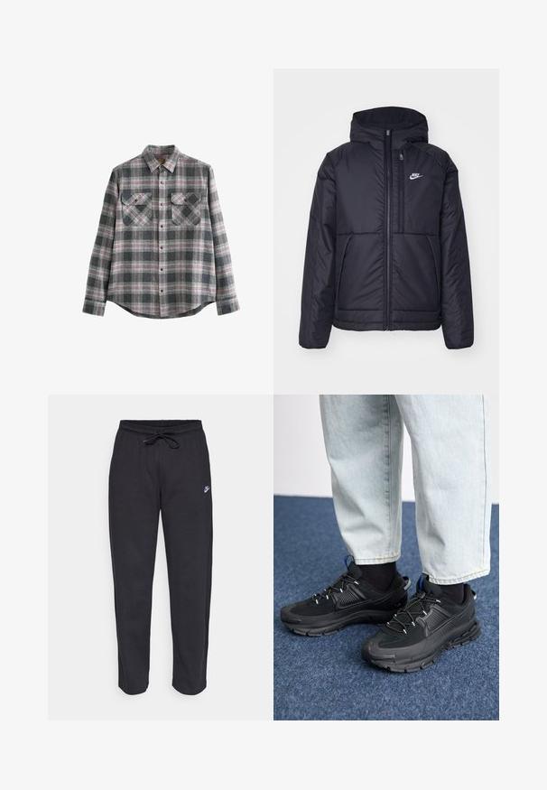 Crna Nike jakna s podstavom, dugmadi sprijeda i kapuljačom. Ima bijeli logotip na lijevoj strani prsnog koša i dva prednja džepa. Glatka vanjska tekstura.; Siva karirana flanel košulja s kragnom na gumbe, dugim rukavima, dvije prednje džepa i crvenim i crnim detaljima na mekom materijalu.; Crne trenirke od mekog materijala s elastičnom gumom u struku, kaptastom vezicom i malim Nike logom na lijevom butu.; Crne atletske cipele s teksturiranom tkaninom i gumene potplate, s elastičnim vezicama i plavim akcentom na peti. Nosene su s svijetlim trapericama.