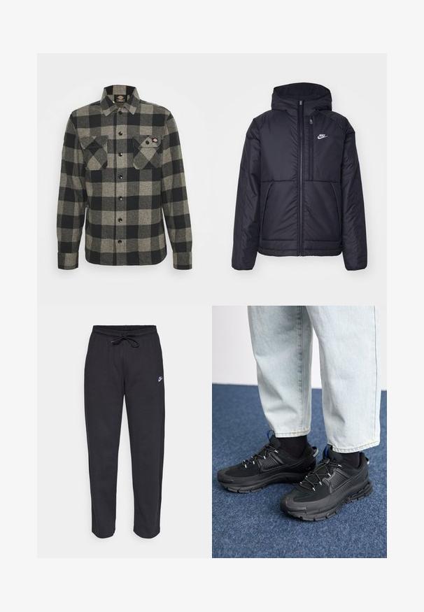 Czarna, pikowana kurtka Nike z przednim zamkiem błyskawicznym i kapturem. Posiada białe logo po lewej stronie klatki piersiowej oraz podwójne kieszenie z przodu. Gładka struktura zewnętrzna.; Czarna i szara koszula flanelowa w kratę z długimi rękawami, zapinana na guziki, z dwoma kieszeniami na piersi i lekko zaokrąglonym dołem. Teksturowany materiał.; Czarne dresy wykonane z miękkiego materiału, z elastycznym pasem, sznurkiem do ściągania i małym logo Nike na lewej udzie.; Czarne buty sportowe z teksturowanej tkaniny i gumowymi podeszwami, z elastycznymi sznurówkami i niebieskim akcentem na pięcie. Noszone z jasnymi dżinsami.