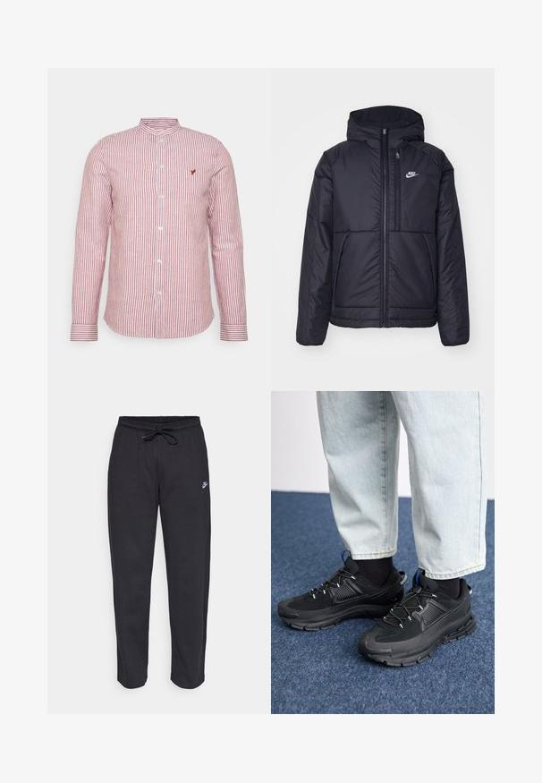 Svart, polstret Nike-jakke med frontglidelås og hette. Har en hvit logo på venstre bryst og doble frontlommer. Glatt ytterside.; Rød og hvit stripete langermet skjorte med mandarin-krage, knappelukking foran, og liten logo-detalj på brystet. Bomullsstoff.; Sorte sweatpants laget av mykt stoff med elastisk midjebånd, snøring og en liten Nike-logo på venstre lår.; Svarte sportssko med teksturert stoff og gummisåler, med elastiske lisser og en blå detalj på hælen. Brukt med lyse denimbukser.