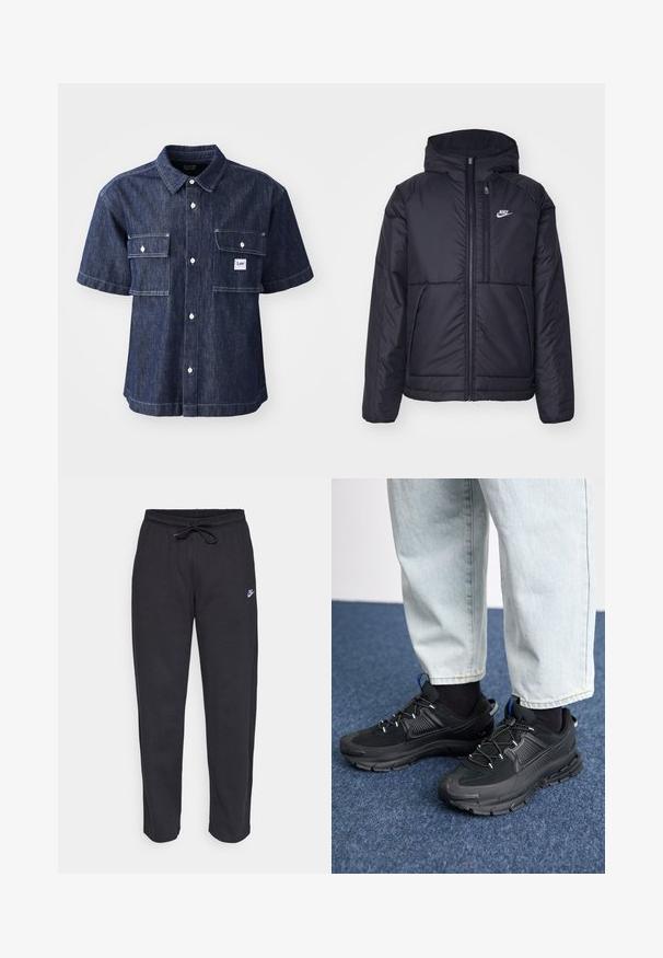 Melna, pufota Nike jaka ar priekšējo rāvējslēdzēju un kapuci. Iezīmēta ar baltu logotipu uz kreisās krūtis un divām priekšējām kabatām. Gluda ārējā tekstūra.; Tumši zilas džinsā īsām piedurknēm krekls ar pogām, ar divām krūtīm kabatām un mazu logo uzlīmi tuvu kreisajai kabatai.; Melnas sporta bikses, kas izgatavotas no mīksta auduma, ar elastīgu jostu, auklu un mazu Nike logo uz kreisā augšstilba.; Melni sporta apavi ar strukturētu audumu un gumijas zoli, ar elastīgām auklām un zilu akcentu uz papēža. Nēsāti ar gaišām džinsu biksēm.