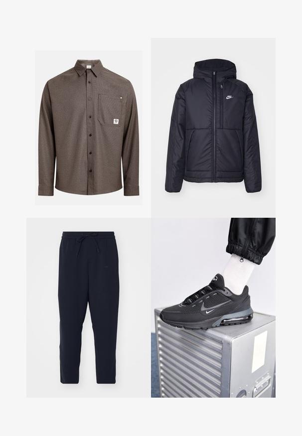 Černá zateplená bunda Nike s předním zipem a kapucí. Na levé straně hrudi má bílé logo a dvojité přední kapsy. Hladký povrch.; Hnědá kostkovaná košile s dlouhým rukávem, zapínání na knoflíky vpředu, jedno prsní kapsa a cedulka s logem. Měkká tkanina, standardní límec a manžety na knoflíky.; Navy jogger kalhoty vyrobené z měkké tkaniny, s elastickým pasem na šňůrku, zúženými nohavicemi a bočními kapsami.; Nike Sportswear PULSE - Tenisky - black/anthracite