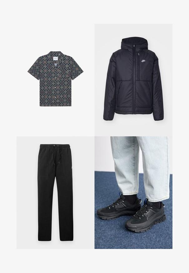 Melna, pufota Nike jaka ar priekšējo rāvējslēdzēju un kapuci. Iezīmēta ar baltu logotipu uz kreisās krūtis un divām priekšējām kabatām. Gluda ārējā tekstūra.; Īsām piedurkņu krekls ar tumši zilu audumu, kas rotāts ar ģeometrisku ziedu rakstu spilgtās krāsās, pogājamu priekšpusi un brīvu apkakli.; Melnas sporta bikses, izgatavotas no flīsa, ar elastīgu jostasviedi un auklām, diviem priekšējiem kabatām un nelielu logo uz augšstilba.; Melni sporta apavi ar strukturētu audumu un gumijas zoli, ar elastīgām auklām un zilu akcentu uz papēža. Nēsāti ar gaišām džinsu biksēm.