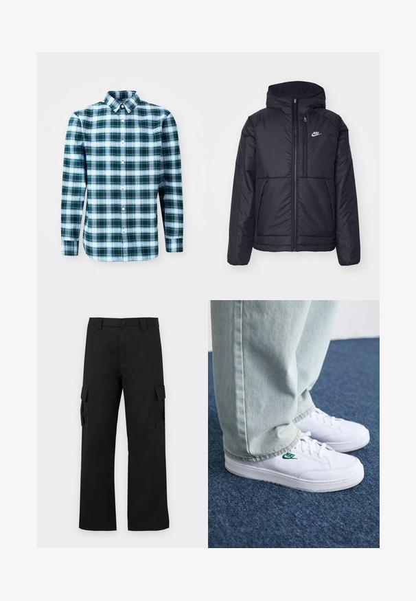 Veste Nike noire rembourrée avec une fermeture éclair sur le devant et une capuche. Elle présente un logo blanc sur la poitrine gauche et deux poches avant. Texture extérieure lisse.; Chemise à manches longues à carreaux verts et blancs avec un col boutonné et des boutons à l'avant. Fabriquée en tissu léger, présentant un design structuré.; Pantalons cargo noirs avec une coupe droite. Fabriqués à partir d'un tissu durable, ils disposent de deux poches latérales avec fermetures à rabat et d'un zip à bouton.; Baskets en cuir blanc avec logo Nike vert, bout rond, semelle plate, associées à un pantalon en denim bleu clair, présentées sur un tapis bleu.