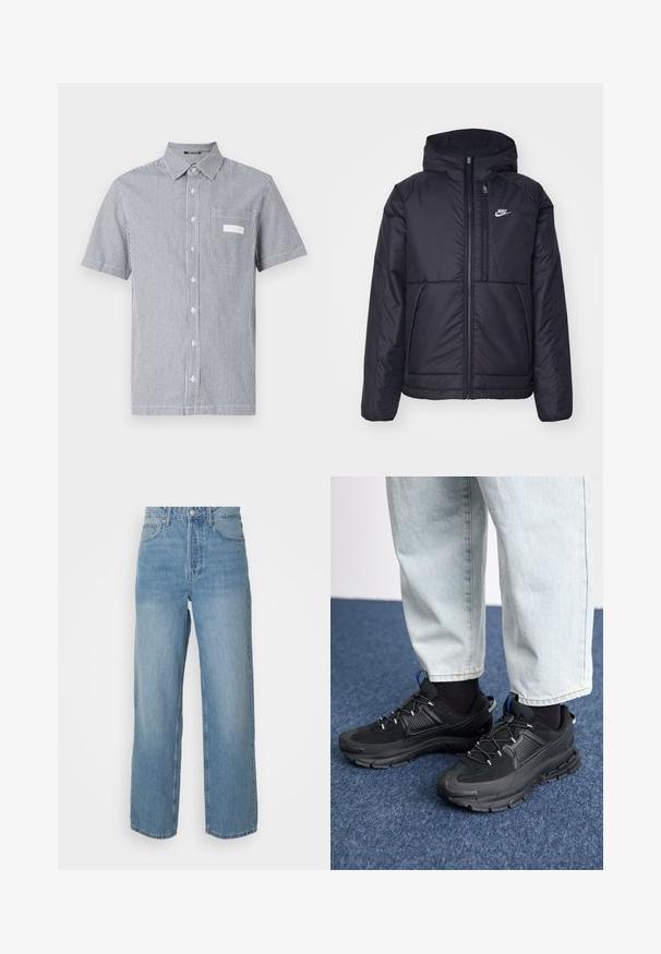 Veste Nike noire rembourrée avec une fermeture éclair sur le devant et une capuche. Elle présente un logo blanc sur la poitrine gauche et deux poches avant. Texture extérieure lisse.; Chemise à manches courtes avec un motif rayé bleu et blanc, dotée d'une poche poitrine et d'un col classique. Fabriquée en tissu léger.; Jeans en denim léger bleu clair taille haute avec des jambes droites, fermeture à bouton à l'avant et style à cinq poches sur fond uni.; Des chaussures de sport noires avec un tissu texturé et des semelles en caoutchouc, dotées de lacets élastiques et d'un accent bleu au talon. Portées avec un pantalon en denim clair.