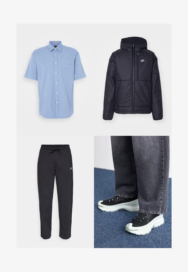 Schwarze, gepolsterte Nike-Jacke mit Frontreißverschluss und Kapuze. Hat ein weißes Logo auf der linken Brust und zwei Fronttaschen. Glattes äußeres Material.; Himmelblaues kurzärmeliges Hemd mit Knopfleiste aus leichtem Stoff, das eine Brusttasche und einen klassischen Kragen mit weißen Knöpfen aufweist.; Schwarze Sweatpants aus weichem Stoff mit elastischem Bund, Kordelzug und kleinem Nike-Logo auf dem linken Oberschenkel.; Schwarze Sportschuhe mit einem strukturierten Obermaterial aus Stoff, weißer Zwischensohle, schwarzen Schnürsenkeln und Gummisohle, kombiniert mit grauen weit geschnittenen Jeans.