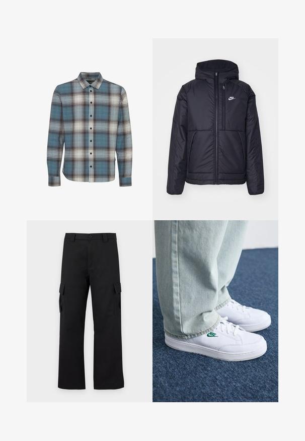 Giacca Nike nera, imbottita, con zip frontale e cappuccio. Presenta un logo bianco sul lato sinistro del petto e doppie tasche frontali. Texture esterna liscia.; Camicia a maniche lunghe a quadri con colori blu, bianco e marrone. Realizzata in un tessuto morbido con colletto standard e chiusura a bottoni.; Pantaloni cargo neri con design a gamba dritta. Realizzati in tessuto resistente, dotati di due tasche laterali con chiusura a pattina e chiusura con bottone.; Sneakers in pelle bianca con logo Nike verde, punta rotonda, suola piatta, abbinati a pantaloni in denim azzurro, mostrati su un tappeto blu.