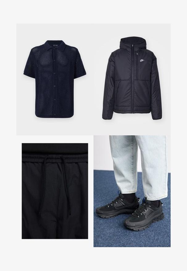 Jachetă Nike neagră, căptușită, cu fermoar pe față și glugă. Prezintă un logo alb pe pieptul stâng și două buzunare frontale. Textură exterioară netedă.; Cămașă tricotată cu mânecă scurtă, de culoare bleumarin, cu o țesătură texturată, închidere frontală cu nasturi și guler și manșete cu nervuri. Are șase nasturi.; Șorturi negre cu un brâu reglabil, dintr-un material ușor cu o textură netedă și un design simplu, fără logo-uri sau modele vizibile.; Pantofi sport negri, cu țesătură texturată și tălpi din cauciuc, având șireturi elastice și un accent albastru pe toc. Purtați cu pantaloni din denim deschis.