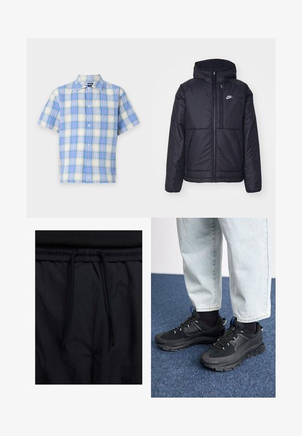 Melna, pufota Nike jaka ar priekšējo rāvējslēdzēju un kapuci. Iezīmēta ar baltu logotipu uz kreisās krūtis un divām priekšējām kabatām. Gluda ārējā tekstūra.; Kratkām piedurknēm krekls vieglā audumā, ar zilu un baltu raibu rakstu un gaiši rozā akcentiem. Iekļauts krūšu kabata un pogas.; Melni šorti ar sašūtu jostu, viegls audums ar gludu tekstūru un vienkāršs dizains bez redzamiem logotipiem vai paraugiem.; Melni sporta apavi ar strukturētu audumu un gumijas zoli, ar elastīgām auklām un zilu akcentu uz papēža. Nēsāti ar gaišām džinsu biksēm.