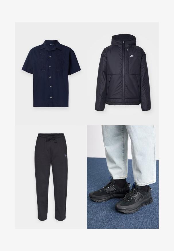 Chaqueta acolchada negra de Nike con cremallera frontal y capucha. Presenta un logo blanco en el lado izquierdo del pecho y dos bolsillos frontales. Textura exterior suave.; Camisa de manga corta en color navy con patrones florales bordados, cierre frontal con botones y cuello clásico. Fabricada con una tela ligera.; Pantalones de chándal negros hechos de una tela suave, con cintura elástica, cordón y un pequeño logo de Nike en el muslo izquierdo.; Zapatillas deportivas negras con tejido texturizado y suelas de goma, con cordones elásticos y un acento azul en el talón. Combinadas con pantalones de mezclilla claros.