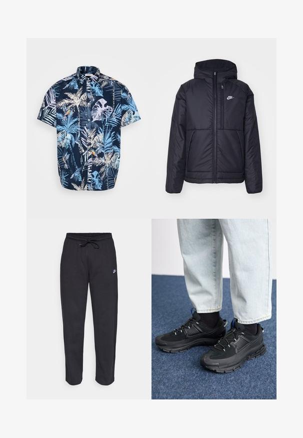 Zwarte, gewatteerde Nike-jas met een voorkant met ritssluiting en capuchon. Kenmerkt zich door een wit logo op de linkerborst en dubbele frontzakken. Gladde buitenkant.; Korte mouw button-up shirt met een marineblauwe achtergrond en lichtblauwe, witte en oranje tropische bladeren en vogels. Gemaakt van katoen.; Zwarte sweatpants van zacht stof met een elastische tailleband, trekkoord en een klein Nike-logo op de linker bovenbeen.; Zwarte sportschoenen met gestructureerde stof en rubberen zolen, met elastische veters en een blauwe accent op de hiel. Draag samen met lichte spijkerbroeken.