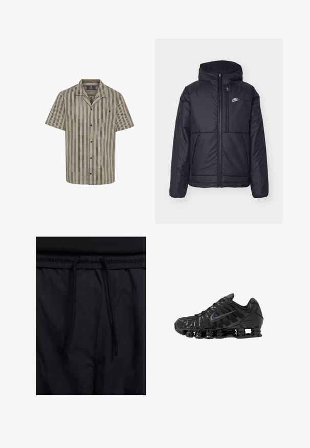 Čierna, polstrovaná bunda Nike so zipsom vpredu a kapucňou. Na ľavej strane hrude sa nachádza biele logo a sú tu dva predné vrecká. Hladký vonkajší povrch.; Krátky rukáv košele vo svetlobežovej farbe s námornícky modrými vertikálnymi pruhmi, s jednou náprsné vreckom, golierom a gombíkovým zapínaním.; Mladý muž s krátkymi kučeravými vlasmi, ktorý má na sebe jednoduché biele tričko s krátkym rukávom a modré džínsy, stojí s rukami v vreckách.; Čierne šortky s pásom na stiahnutie, z ľahkej látky s hladkou textúrou a jednoduchým dizajnom bez viditeľných log alebo vzorov.; Čierne športové topánky vyrobené zo sieťoviny a syntetických materiálov, s výrazným vlnitým dizajnom, čiernou gumovou podrážkou a reflexnými prvkami.