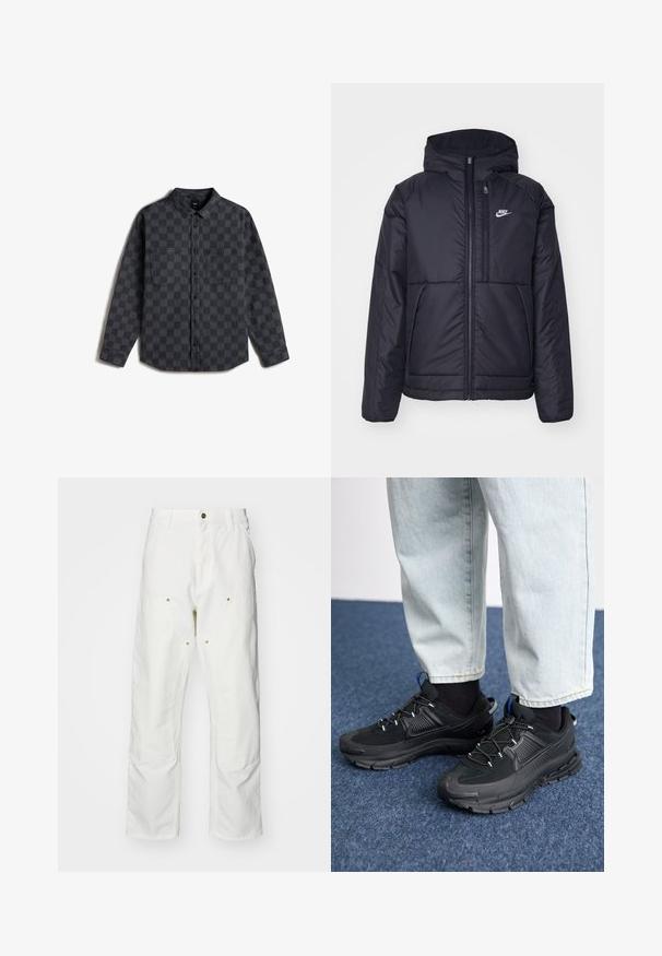 Giacca Nike nera, imbottita, con zip frontale e cappuccio. Presenta un logo bianco sul lato sinistro del petto e doppie tasche frontali. Texture esterna liscia.; Camicia a maniche lunghe grigia a scacchi in denim, con colletto button-down, due tasche sul petto e orlo dritto.; Pantaloni cargo bianchi in cotone con vestibilità rilassata. Tra le caratteristiche ci sono tasche frontali, dettagli in metallo dorato e sezioni rinforzate sulle ginocchia.; Scarpe sportive nere con tessuto testurizzato e suole in gomma, dotate di lacci elastici e un accento blu sul tallone. Indossate con pantaloni in denim chiaro.