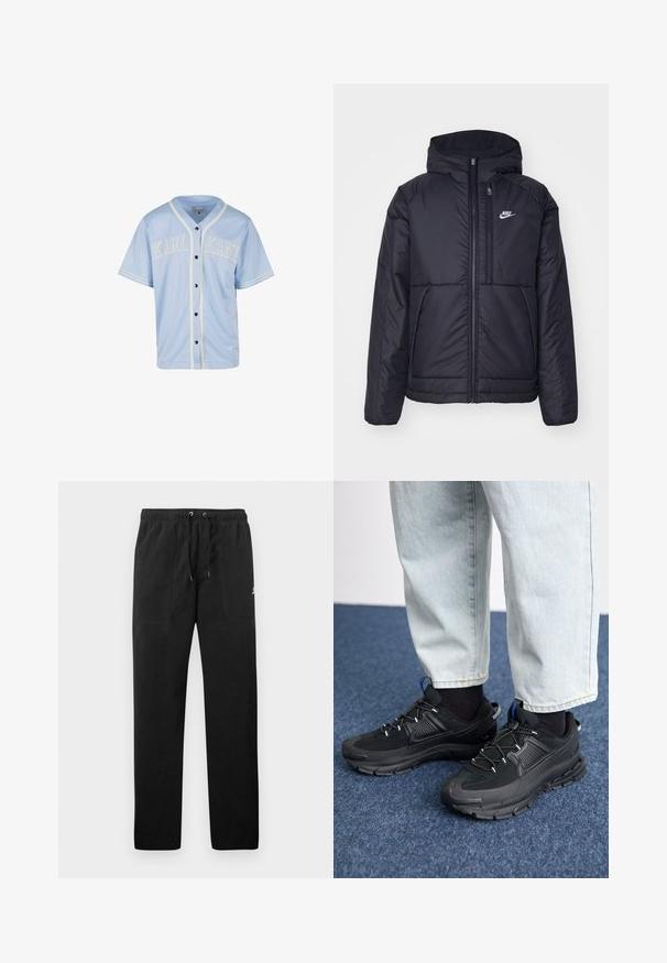 Giacca Nike nera, imbottita, con zip frontale e cappuccio. Presenta un logo bianco sul lato sinistro del petto e doppie tasche frontali. Texture esterna liscia.; Maglia da baseball blu chiaro realizzata in tessuto morbido. Presenta piping bianchi e "KARL KANI" ricamato sul petto in caratteri in grassetto, con bottoni neri.; Pantaloni sportivi neri in felpa, dotati di cintura elastica con cordini, due tasche anteriori e un piccolo logo sulla coscia.; Scarpe sportive nere con tessuto testurizzato e suole in gomma, dotate di lacci elastici e un accento blu sul tallone. Indossate con pantaloni in denim chiaro.