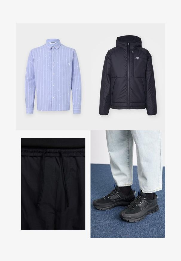 Svart, vadderad Nike-jacka med dragkedja framtill och huva. Har en vit logotyp på vänster bröst och dubbla framfickor. Slät yttextur.; Ljusblå skjorta med knappar och vita vertikala ränder samt färgsplatteringsdetaljer. Har krage och långa ärmar.; Svarta shorts med dragsko i midjan, lättviktig tyg med en slät yta och en enkel design utan synliga logotyper eller mönster.; Svarta sportskor med texturerat tyg och gummisulor, med elastiska snörningar och en blå detalj på hälen. Bärs med ljusa jeans.