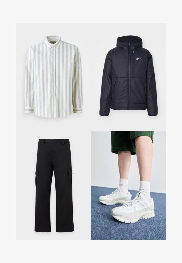 Zwarte, gewatteerde Nike-jas met een voorkant met ritssluiting en capuchon. Kenmerkt zich door een wit logo op de linkerborst en dubbele frontzakken. Gladde buitenkant.; Gestreept overhemd in wit en lichtgrijs, gemaakt van geweven stof. Voorzien van een kraag en knoopmanchetten met contrasterende streepaccenten.; Zwarte cargobroek met een recht gesneden ontwerp. Gemaakt van duurzaam materiaal, met twee zijzakken met klep en een knoopsluiting.; Witte sportieve schoenen met textuuroverlays, een dikke zool en grijze accenten. Draag ze met witte crew-sokken en groene shorts op een blauwe ondergrond.