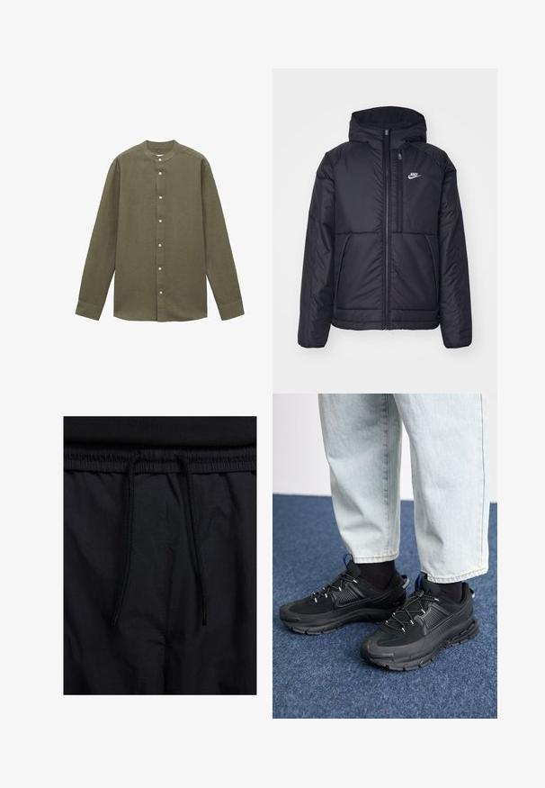 Jachetă Nike neagră, căptușită, cu fermoar pe față și glugă. Prezintă un logo alb pe pieptul stâng și două buzunare frontale. Textură exterioară netedă.; Cămașă cu mânecă lungă de culoare verde măslinie, cu guler în formă de bandă, realizată dintr-un material texturat, având închidere cu nasturi pe față și manșete cu un singur nasture.; Șorturi negre cu un brâu reglabil, dintr-un material ușor cu o textură netedă și un design simplu, fără logo-uri sau modele vizibile.; Pantofi sport negri, cu țesătură texturată și tălpi din cauciuc, având șireturi elastice și un accent albastru pe toc. Purtați cu pantaloni din denim deschis.