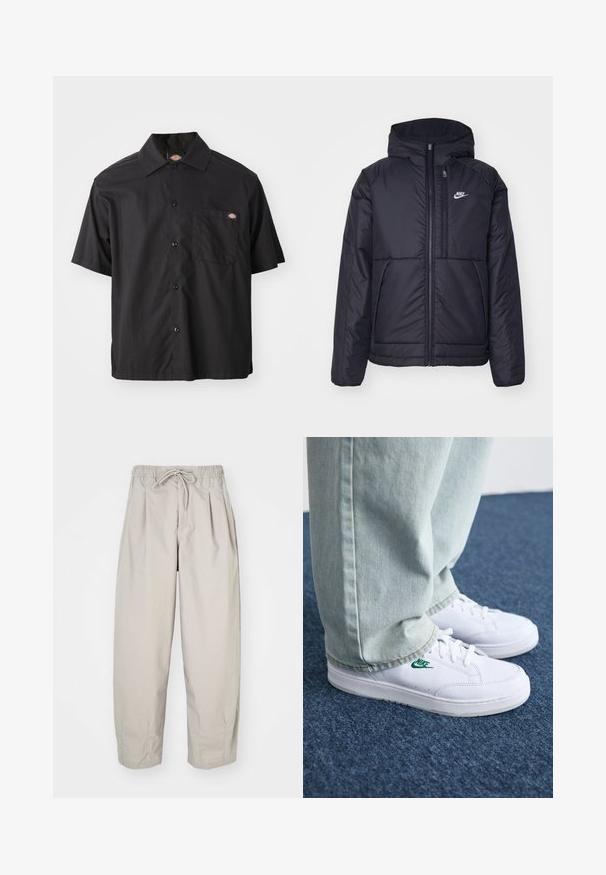 Črna, podložena Nike jakna z sprednjim zadrgo in kapuco. Ima bel logo na levem prsnem delu in dvojna sprednja žepa. Gladka zunanja tekstura.; Črna kratka srajca s kratkimi rokavi, izdelana iz bombaža, z enim žepom na prsih in logotipom. Gladka tekstura in sproščen kroj.; Bež hlače iz lahkega materiala z elastičnim pasom in vrvico. Imajo gube in ohlapen kroj, izdelane so iz mehkega, gladkega blaga.; Bela usnjena športna obutev z zelenim Nike logotipom, okrogla konica, ravna podplat, v kombinaciji z svetlo modrimi kavbojkami, prikazana na modrem preprogu.