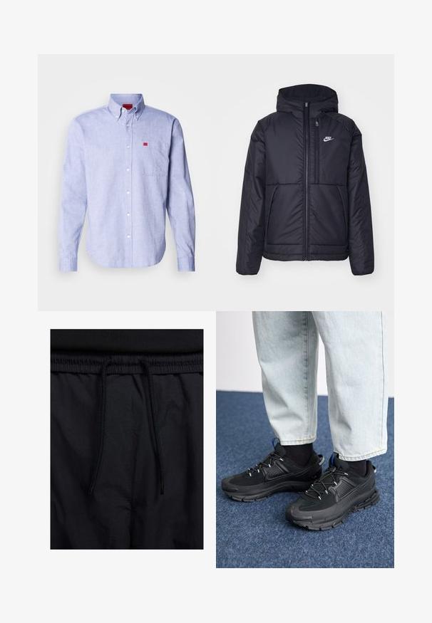Črna, podložena Nike jakna z sprednjim zadrgo in kapuco. Ima bel logo na levem prsnem delu in dvojna sprednja žepa. Gladka zunanja tekstura.; Svetlo modra srajca s dolgimi rokavi, s prsno žepe in blagovno oznako v rdeči barvi. Narejena iz gladkega blaga s klasičnim ovratnikom.; Črne kratke hlače z vrvico v pasu, lahkotna tkanina z gladko teksturo in preprosto zasnovo brez vidnih logotipov ali vzorcev.; Črne športne čevlje z teksturirano tkanino in gumijastimi podplati, ki imajo elastične vezalke ter modre poudarke na peti. Nosi se z lahkimi denim hlačami.