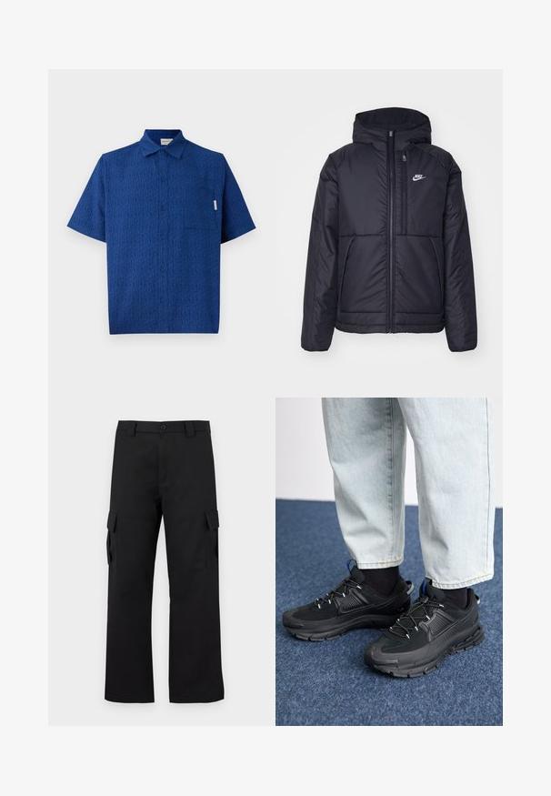 Juodas, paminkštintas Nike džemperis su priekyje užtrauktuku ir gobtuvu. Pasižymi balta logo kairėje krūtinės pusėje ir dviem priekinėmis kišenėmis. Su lygiu išoriniu paviršiumi.; Trumpas mėlynas marškinys su tekstūruotu audiniu, turintis subtilų raštą, mygtukų užsegimą priekyje ir vieną krūtinės kišenę.; Juodi cargo kelnės su tiesiu kojų dizainu. Pagamintos iš tvirto audinio, turi dvi šonines kišenes su užsegamais dangteliais ir mygtukų užtrauktuką.; Juodi sportiniai bateliai su tekstūruota medžiaga ir guminiais padais, su elastingomis raišteliais ir mėlynu akcentu ant kulno. Dėvimi su šviesiai mėlynomis džinsinėmis kelnėmis.