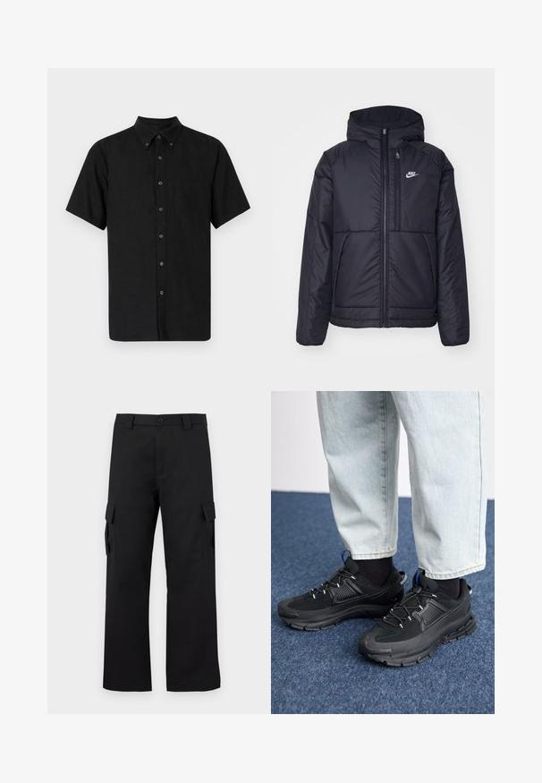 Sort, polstret Nike-jakke med frontlynlås og hætte. Har et hvidt logo på venstre bryst og to frontlommer. Glat ydre tekstur.; Sort kortærmet skjorte med knap-Down krave, lavet af struktureret stof, med sorte knapper, der løber ned ad fronten.; Sorte cargo bukser med lige ben-design. Lavet af slidstærkt stof, med to sidelommer med klaplukninger og lukning med knap.; Sorte træningssko med tekstureret stof og gummisåler, udstyret med elastiske snørebånd og en blå detalje på hælen. Bæres med lyse denimbukser.