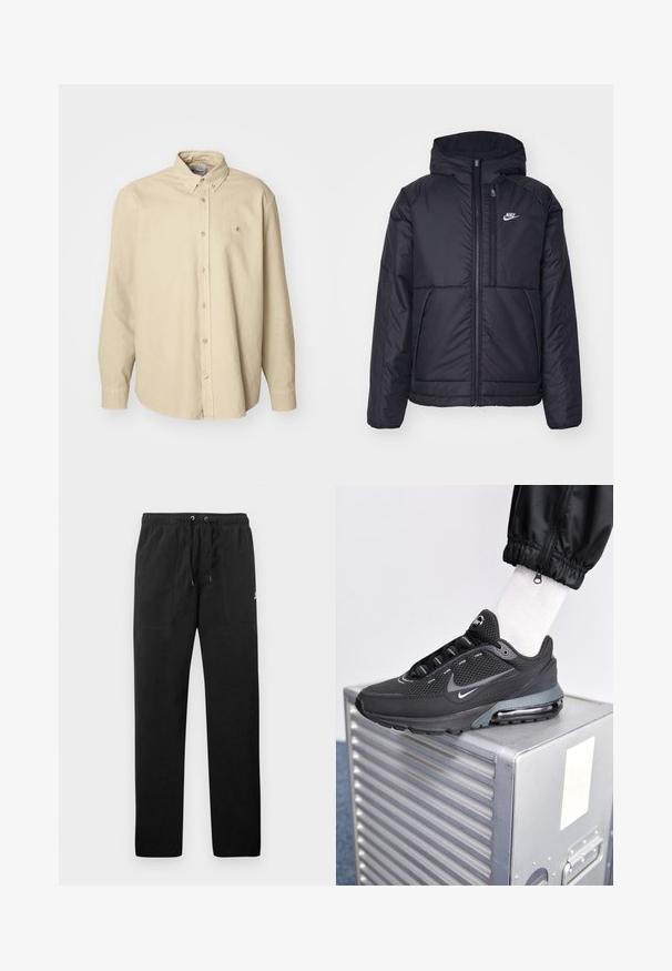 Černá zateplená bunda Nike s předním zipem a kapucí. Na levé straně hrudi má bílé logo a dvojité přední kapsy. Hladký povrch.; Světle béžová košile s dlouhým rukávem, zapínání na knoflíky, vyrobená z měkké bavlny, s klasickým límcem a zaobleným lemem, se malým logem na hrudi.; Černé teplákové kalhoty vyrobené z fleecu, s elastickým pasem a šňůrkami, dvěma předními kapsami a malým logem na stehně.; Nike Sportswear PULSE - Tenisky - black/anthracite