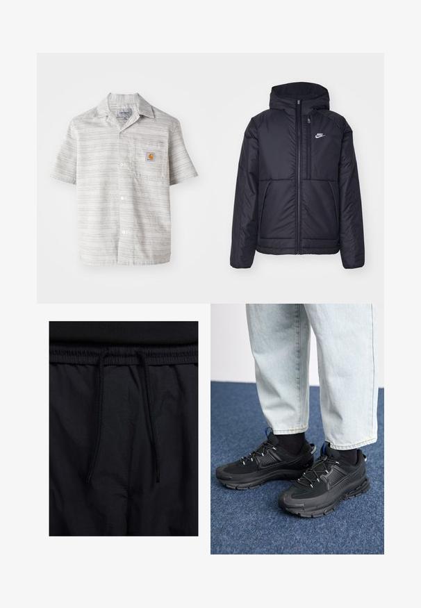 Black, padded Nike jacket with a front zipper and hood. Features a white logo on the left chest and dual front pockets. Smooth exterior texture.; Short-sleeve shirt in light gray with vertical stripes, button front, and a chest pocket featuring a small orange logo. Cotton blend fabric.; Black shorts featuring a drawstring waistband, lightweight fabric with a smooth texture, and a simple design without visible logos or patterns.; Black athletic shoes with textured fabric and rubber soles, featuring elastic laces and a blue accent on the heel. Worn with light denim pants.